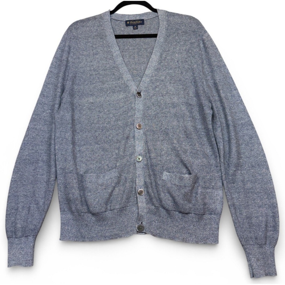 Brooks Brothers Cardigan Sweater Mens M Blue 100% Linen Button Front V Neck‎